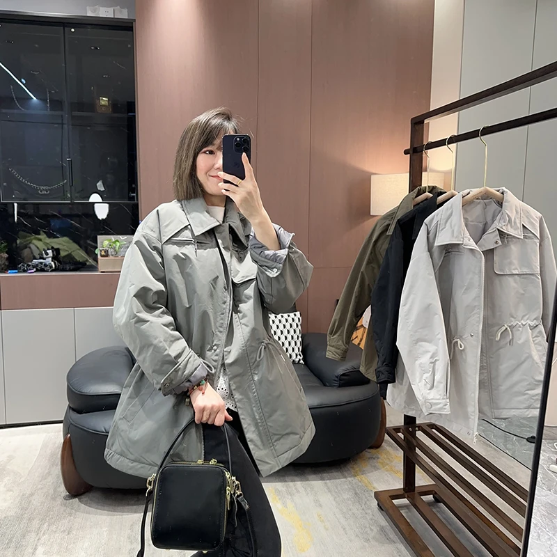 早春时尚风衣加棉外套女中长款夹棉上衣2025新款春季女装薄棉衬衫