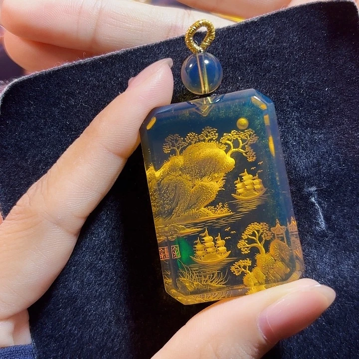 蓝珀未镶嵌珠宝奇石墨西哥蓝珀山水牌