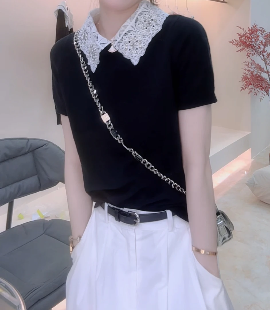 EVAN【小城故事】夏季针织衫圆领气质黑色拼接百搭显瘦温婉大方衣服