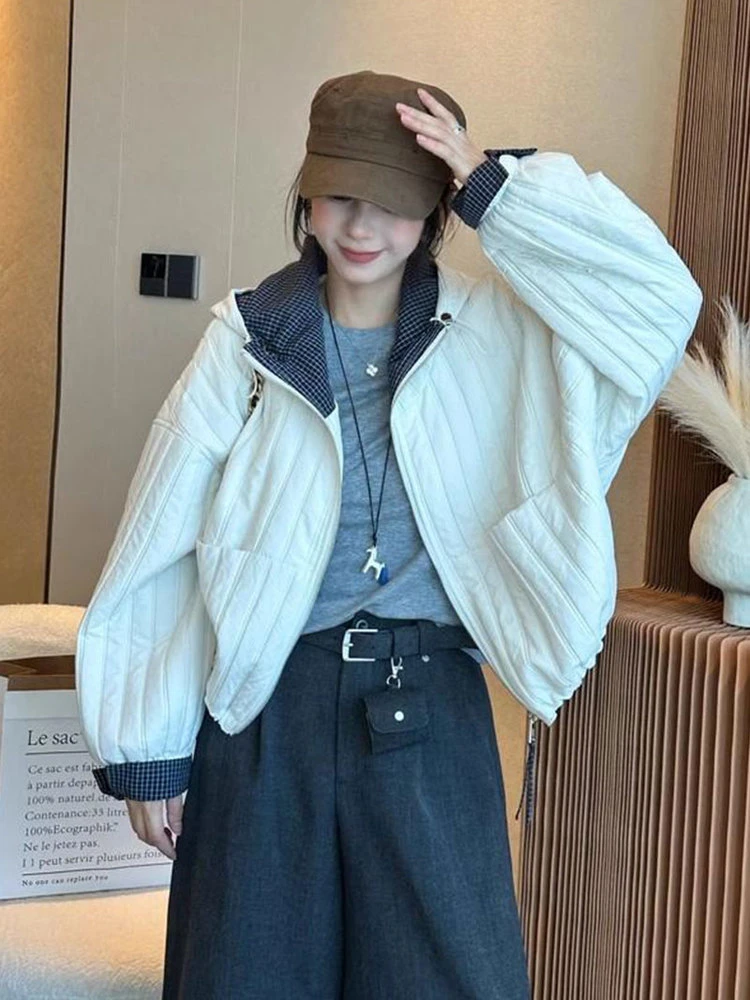 设计感连帽拉链竖条压棉外套女2025秋季新款格子拼接宽松休闲上衣