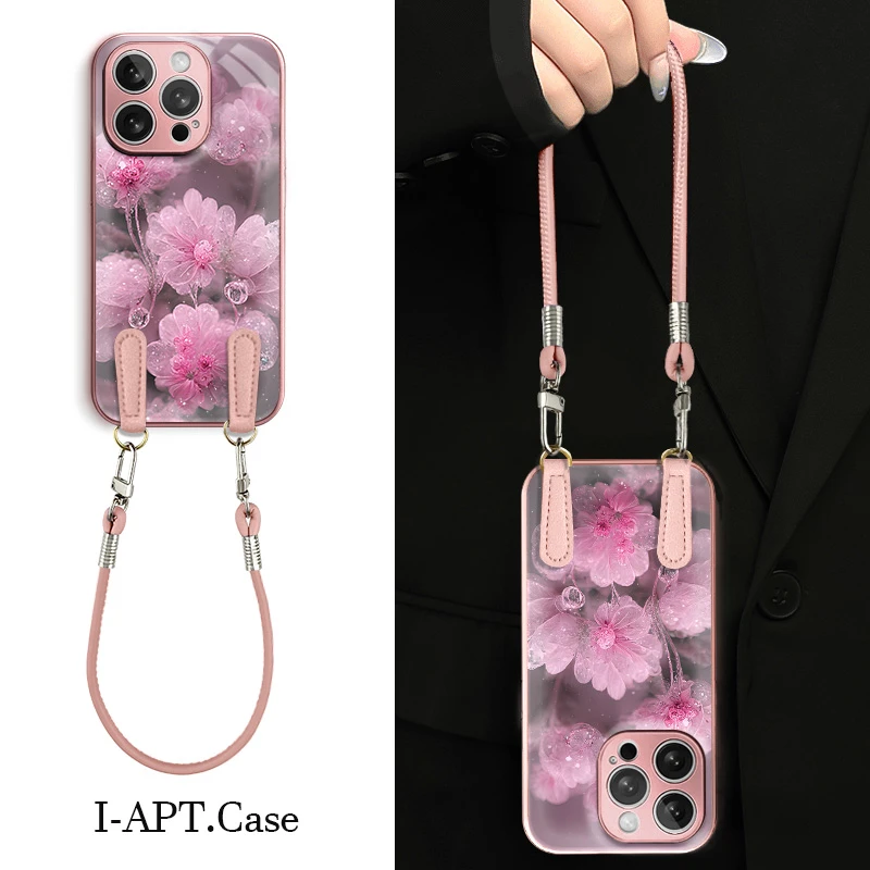 高清粉色花朵水凝玻璃壳适用iPhone苹果16手机壳华为oppo小米vivo