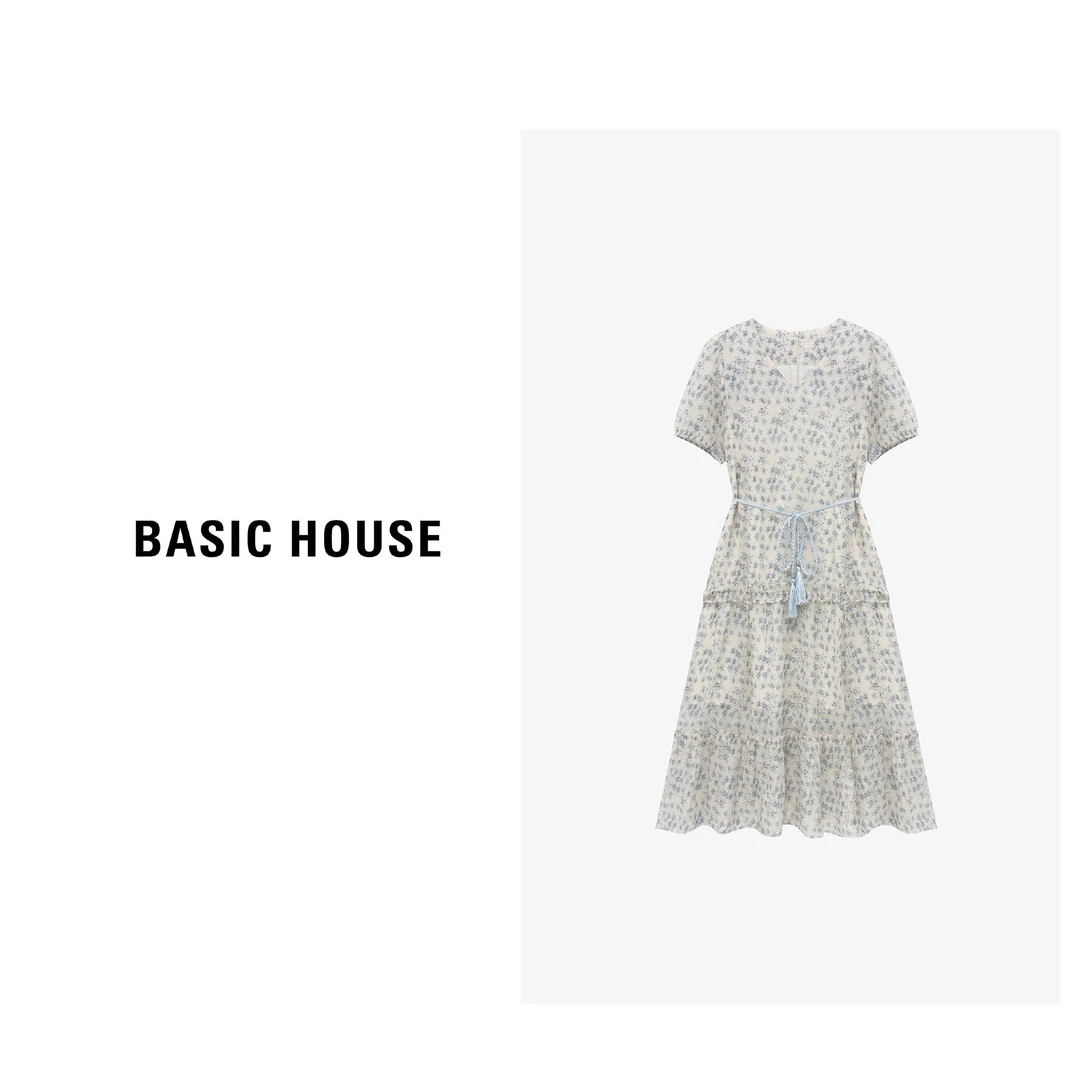 Basic House/百家好夏季休闲碎花复古收腰显瘦长裙-B0625B5HFI2
