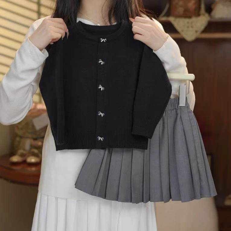 2025春季新款中大女童时尚洋气纯色开衫毛衣＋百裙子两件套装韩版