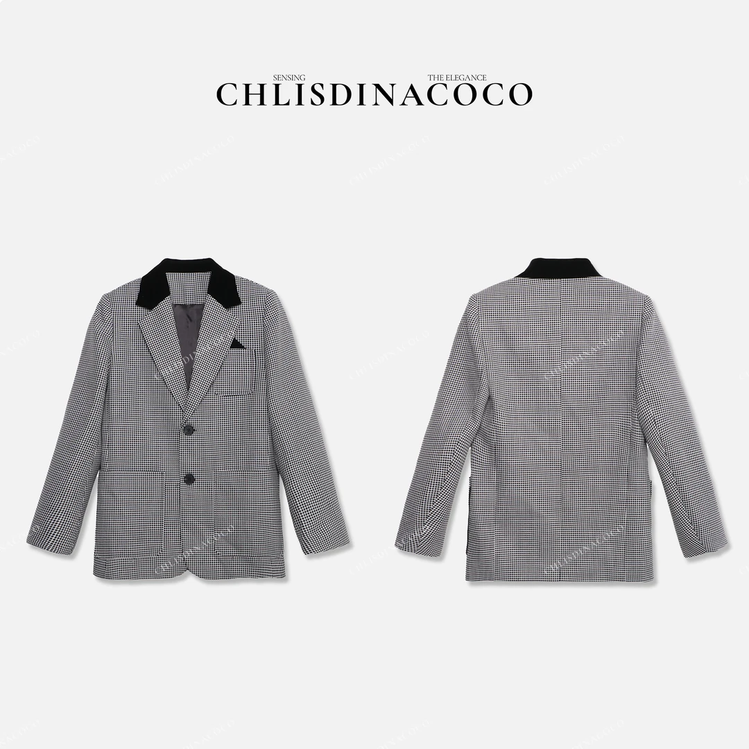 Chlisdinacoco“椿佽於嚄”撞色领拼接黑白格西装外套C1L020WT251