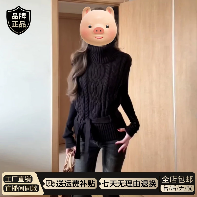 黑色高领麻花毛衣马甲背心女秋冬季内搭可外穿无袖叠穿针织衫上衣