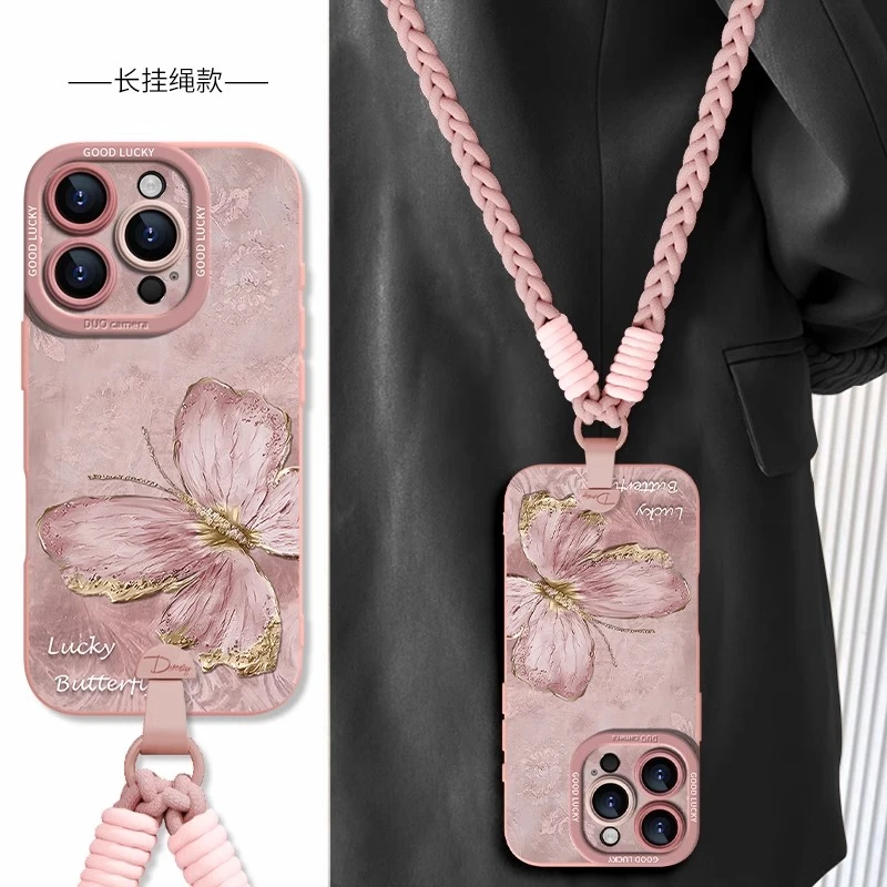 缎面油画蝶适用苹果17promax手机壳iPhone16pro轻奢15p高级感女款