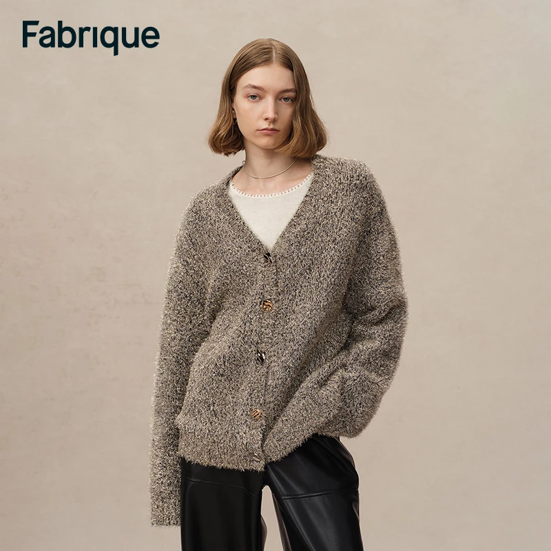 Fabrique Eva 秋冬新款绵羊毛亲肤柔软金葱亮丝宽松V领针织开衫