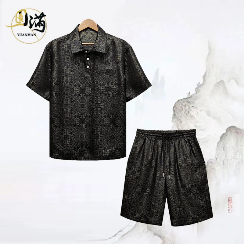 [圆满香云纱]桑蚕丝正绢黑金八达晕宽松透气POLO上衣短裤套装