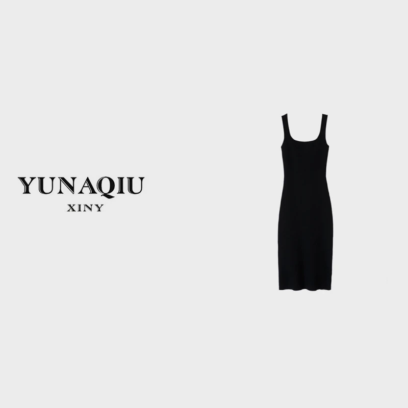 简约气质休闲时尚百搭女士纯色修身黑色吊带裙-8167