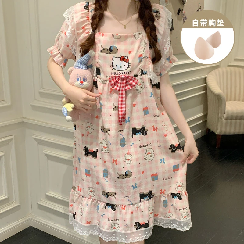 甜美风猫咪带胸垫睡裙女款夏季爆款云朵棉卡通风短袖睡衣裙家居服