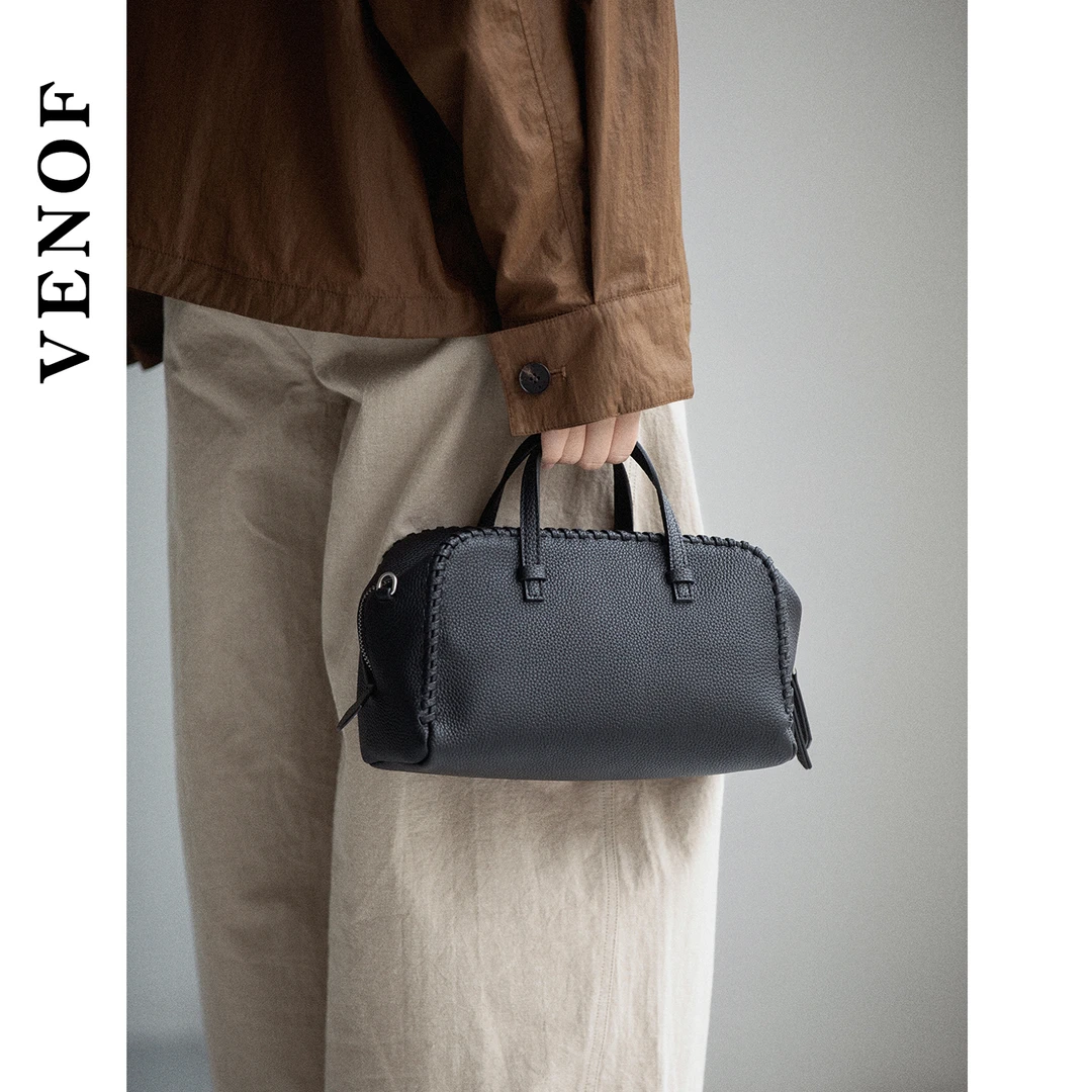 维洛芬 织光贝影 波士顿包女斜挎头层真牛皮小众单肩手提保龄球包