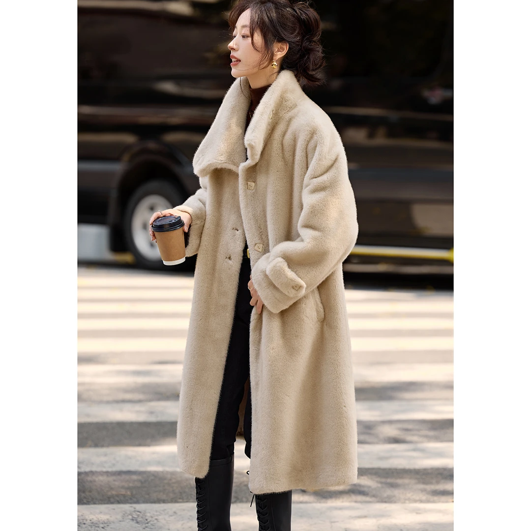 沫晗依美加厚保暖长款外套2024冬新款气质休闲仿皮草温暖质感外套