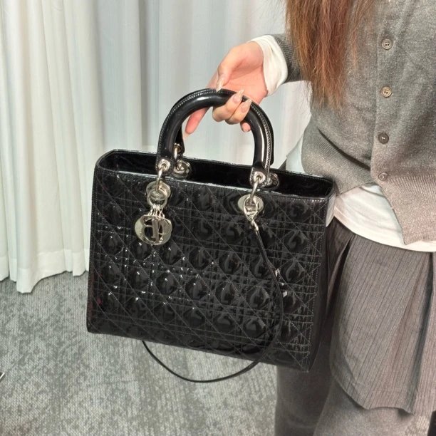 95新 DIOR/迪奥 黑银七格戴妃手提单肩包bb