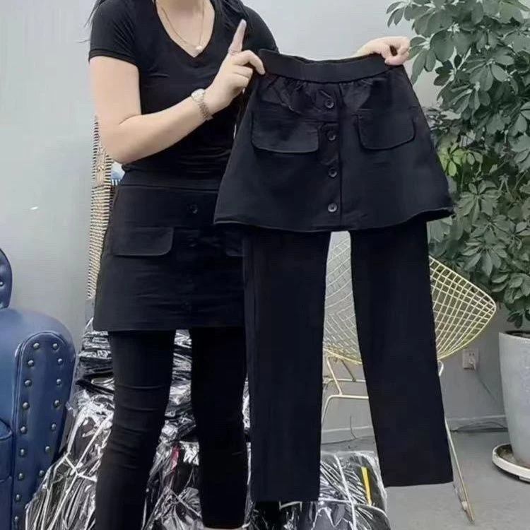 欧货秋季新款围裙裤女松紧腰假两件休闲裤弹力显瘦九分面膜裤