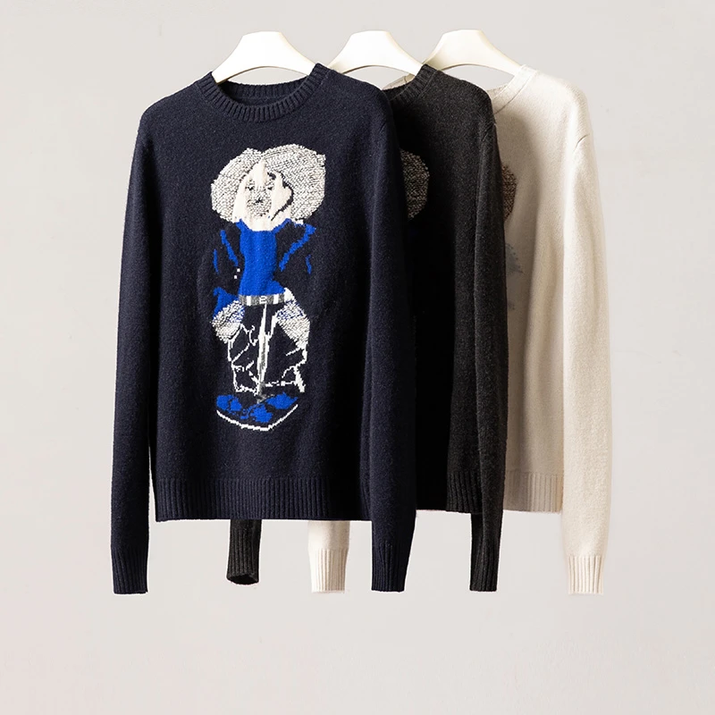 拉夫小熊~100%纯山羊绒衫女加厚立体编织小熊圆领毛衣CYR25164