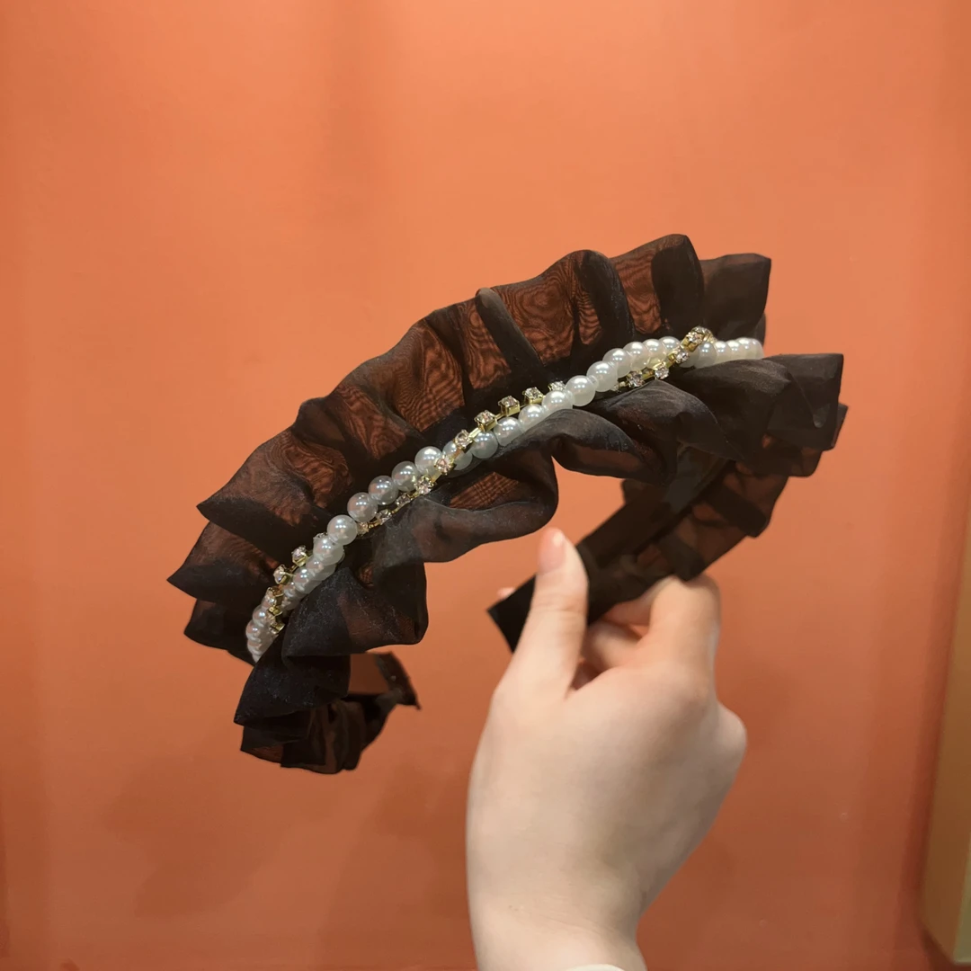 新款黑色褶皱气质仿珍珠水钻发箍宽边洗脸防滑百搭发卡压发发饰