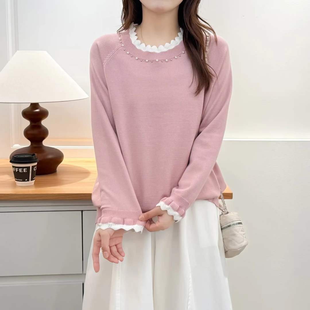 大码胖mm领口钉珠珠半高领长袖打底衫内搭宽松显瘦花边打底秋冬