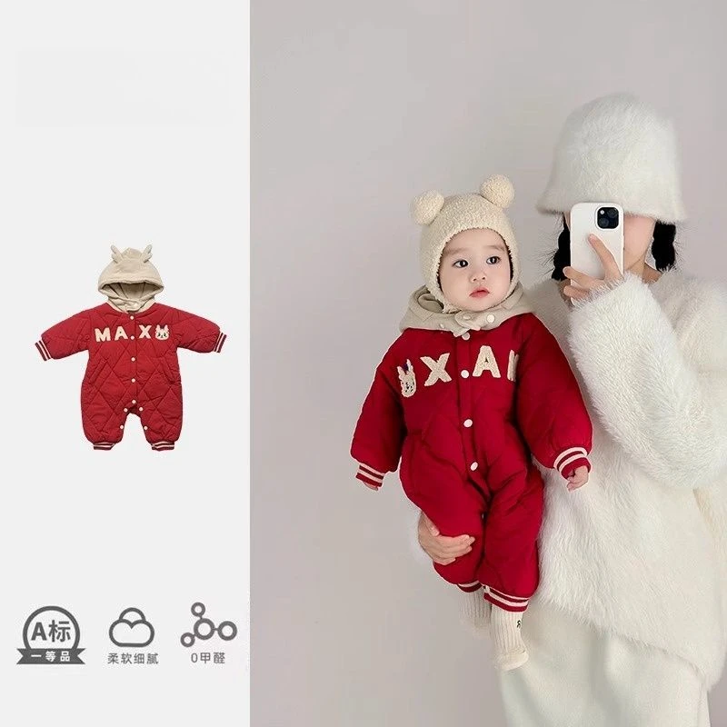 周岁满月宝宝礼服冬装连体衣加绒哈衣婴儿衣服百天保暖夹棉包屁衣