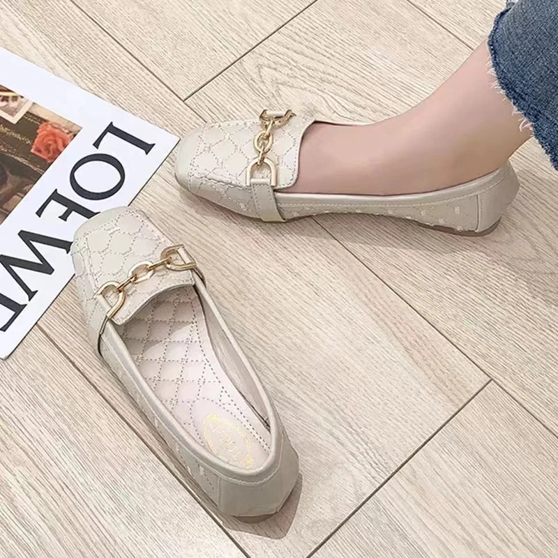 MC312米白新款秋软皮休闲女鞋单鞋平底百搭软底低跟鞋时尚豆豆鞋