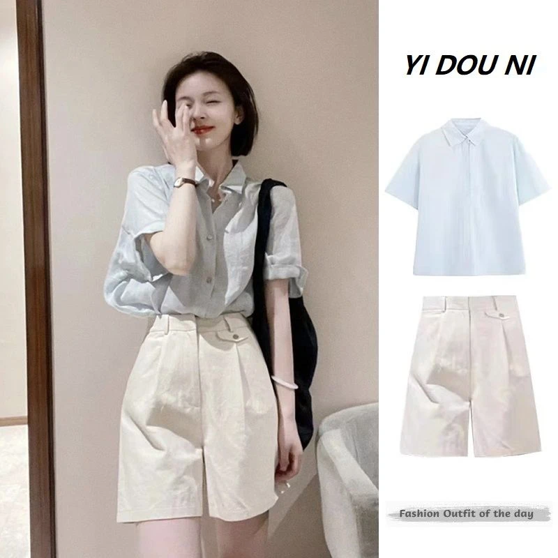 2025夏季盐系穿搭网红爆款炸街活泼减龄学院风衬衫短裤两件套装女