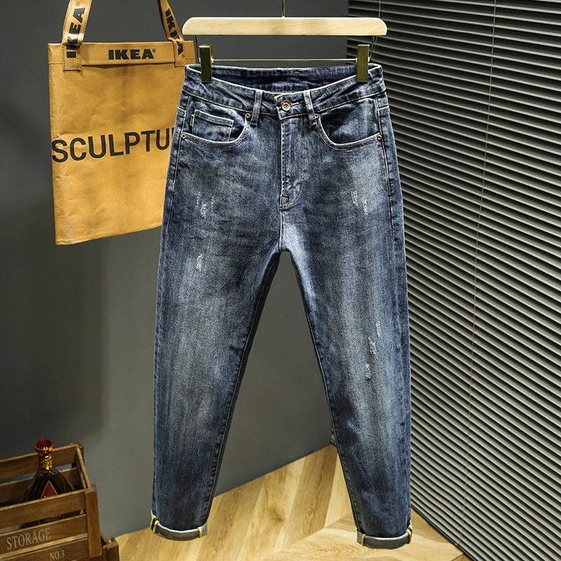 牛仔裤裤子男士休闲潮流修身弹力时尚直筒百搭夏季复古九分韩版