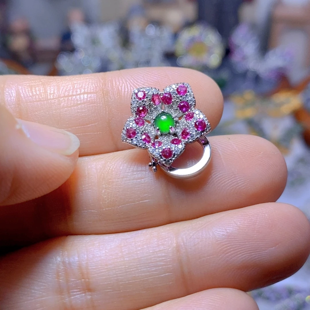 翡翠耳钉银S925镶嵌天然翡翠