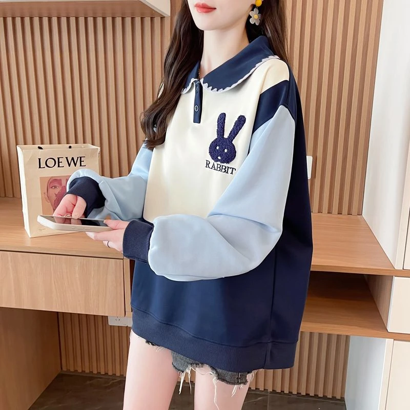 拼接卫衣女2025新款洋气韩版宽松薄款长袖假两件上衣减龄外套翻领