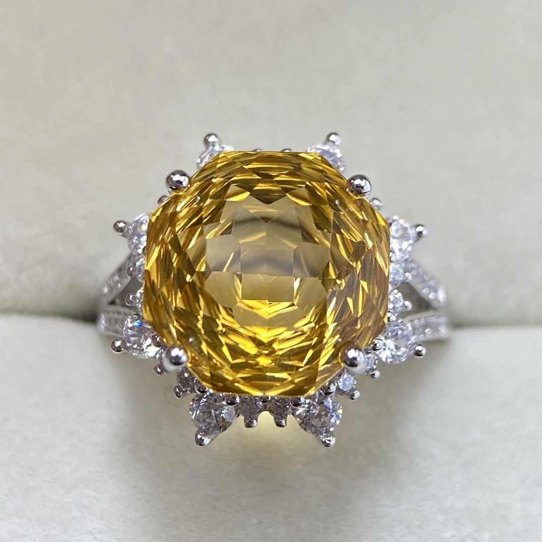 玫瑰花切工天然暴力黄黄水晶戒指s925银12mm精致时尚百搭一物一证