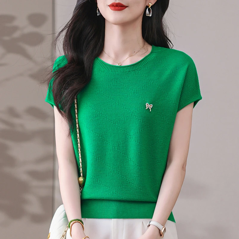 【100天丝】清凉短袖T恤女夏季新款气质圆领蝙蝠袖上衣百搭宽松显瘦