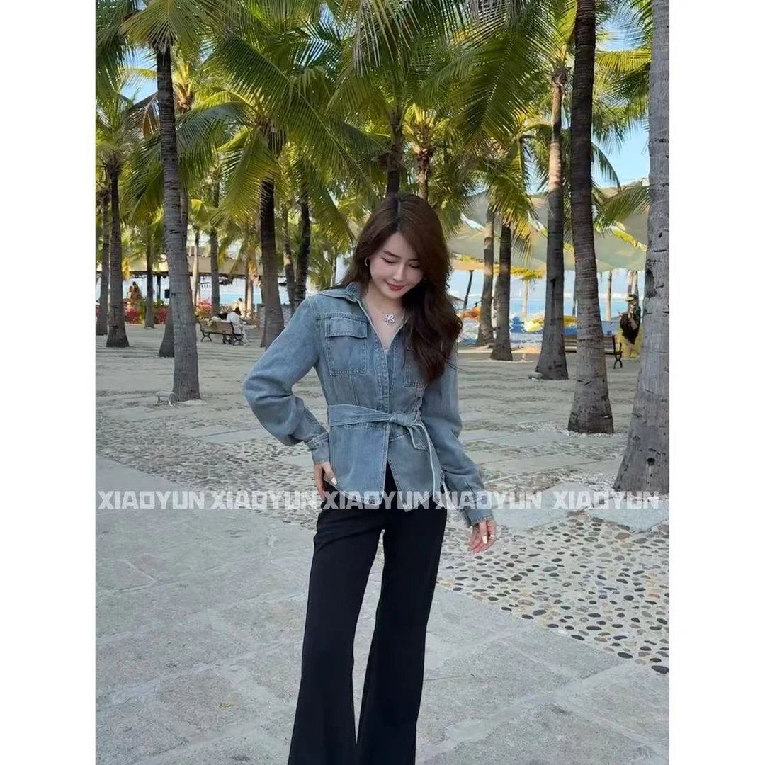 系带收腰牛仔外套 小允姐姐2025新款气质系带收腰牛仔衬衣