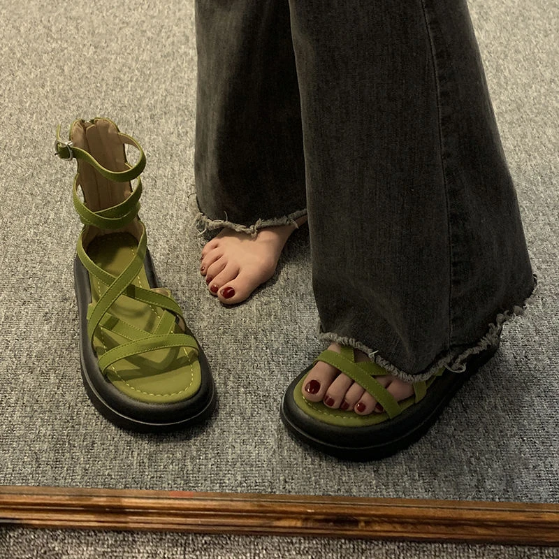 罗马凉鞋女2024年夏季新款超火百搭小个子舒适厚底防滑复古沙滩鞋