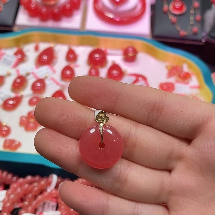 菱锰矿（红纹石）18K金镶嵌颈饰平安扣吊坠5.81g