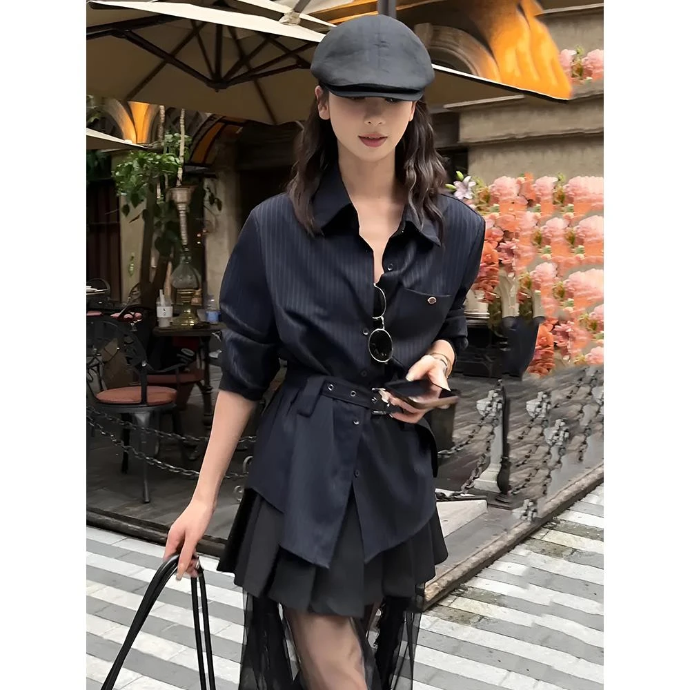 【雅痞绅士】轻奢高级感条纹系带短袖衬衫夏季收腰显瘦休闲气质上衣