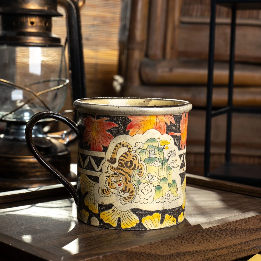 大炮家 | 枫叶银杏拼接画老虎下山大马克杯
