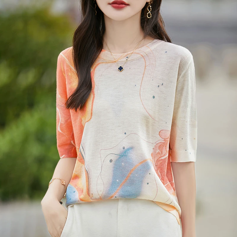水溶羊毛新款甜美印花针织宽松女短袖T恤时尚打底圆领上衣半袖夏