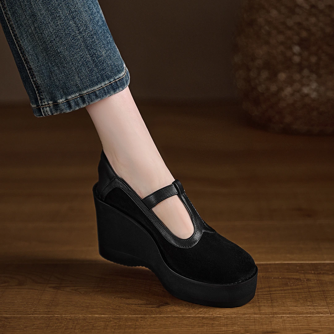 小个子增高9cm~圆头坡跟玛丽珍鞋新款拼接丁字扣浅口单鞋女老钱风