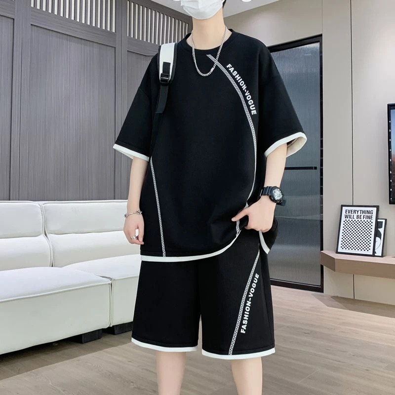 冰丝短袖套装男夏季五分袖t恤宽松加肥加大码休闲运动一整套衣服