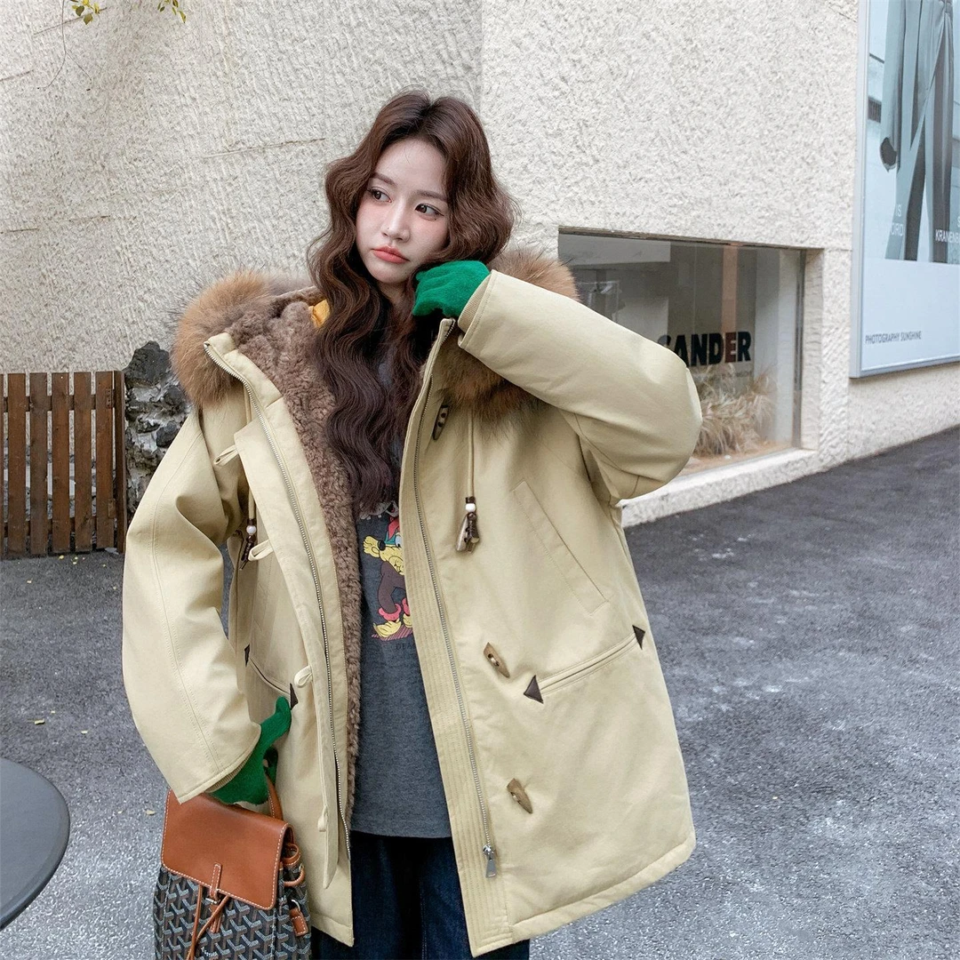 DUCURNO大毛领连帽牛角扣羽绒服女2025冬季新款白鸭绒保暖派克服