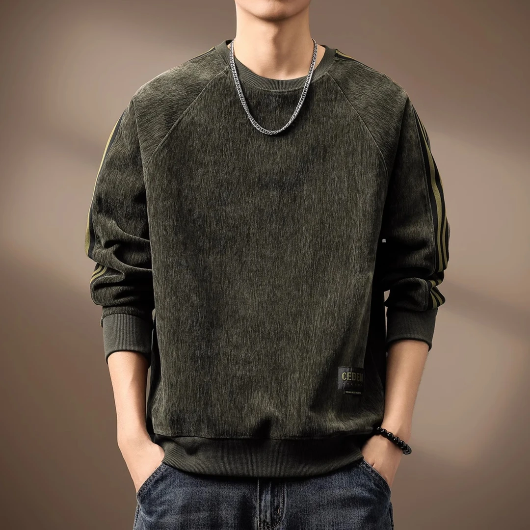 高端重磅侧边条纹雪尼尔卫衣男士秋季新款潮牌宽松圆领长袖上衣男