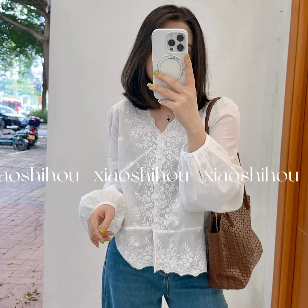 小时候女装店法式蕾丝钩花V领长袖衬衫上衣663