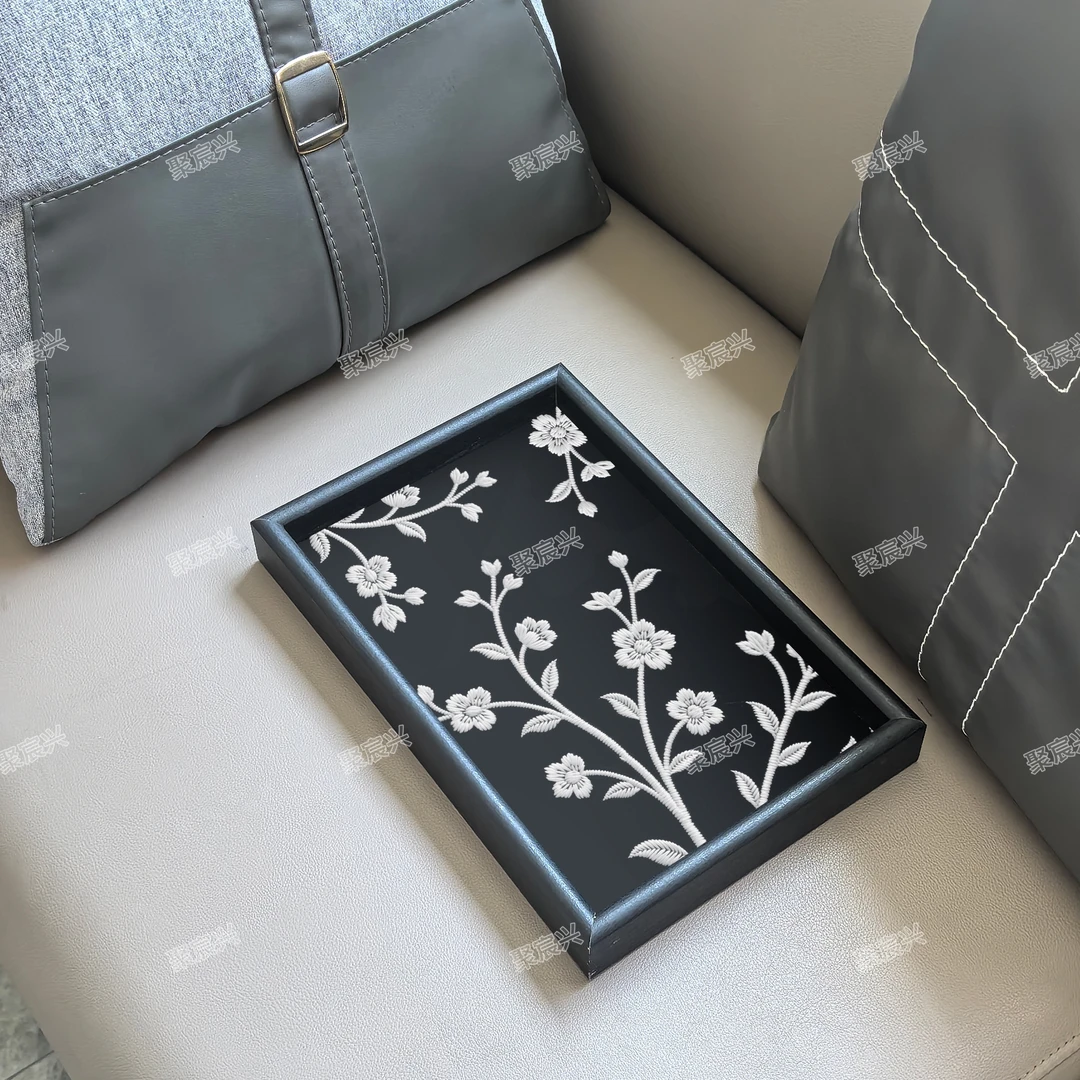 新款木质法式白色小花皮革托盘置物盘小物件收纳盘客厅桌面托盘