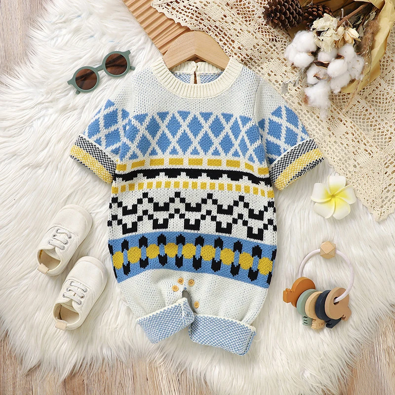 小baby出口欧美婴儿针织连体衣男宝宝细线薄款爬爬服毛衣打底哈衣