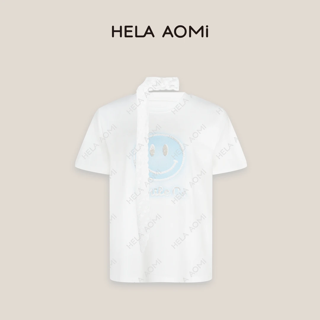 HELAAOMI “蕾丝飘带笑脸T”蕾丝纯色笑脸亮片套头短袖CY5AM23507