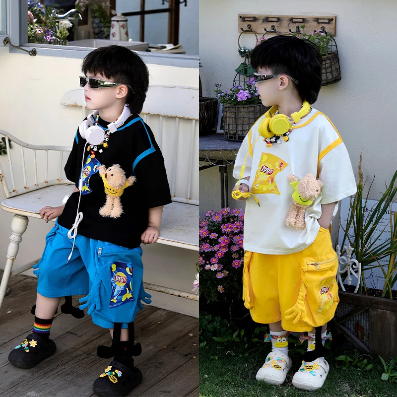 【现货】Jimmy妈童装尽情可爱夏季新款儿童薯片玩偶T恤卡通短裤套装