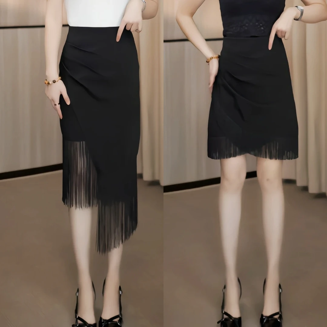 2025新款设计感褶皱显瘦拼接流苏高腰A字半身裙时尚百搭性感透气
