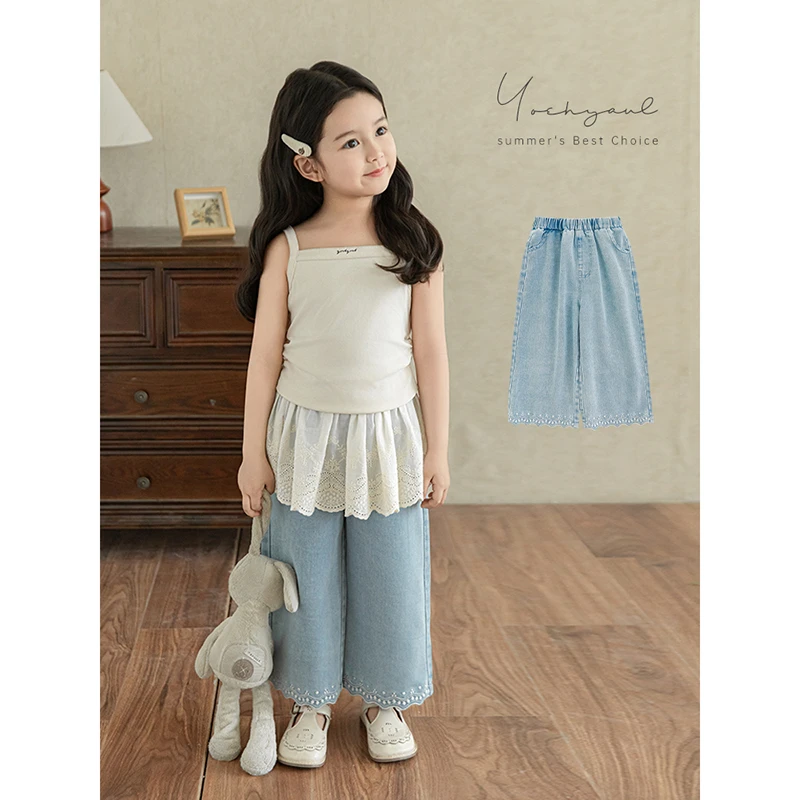 YOEHYAUL/幼悠夏伍波上女童夏季百搭休闲刺绣原创柔软牛仔裤X5333