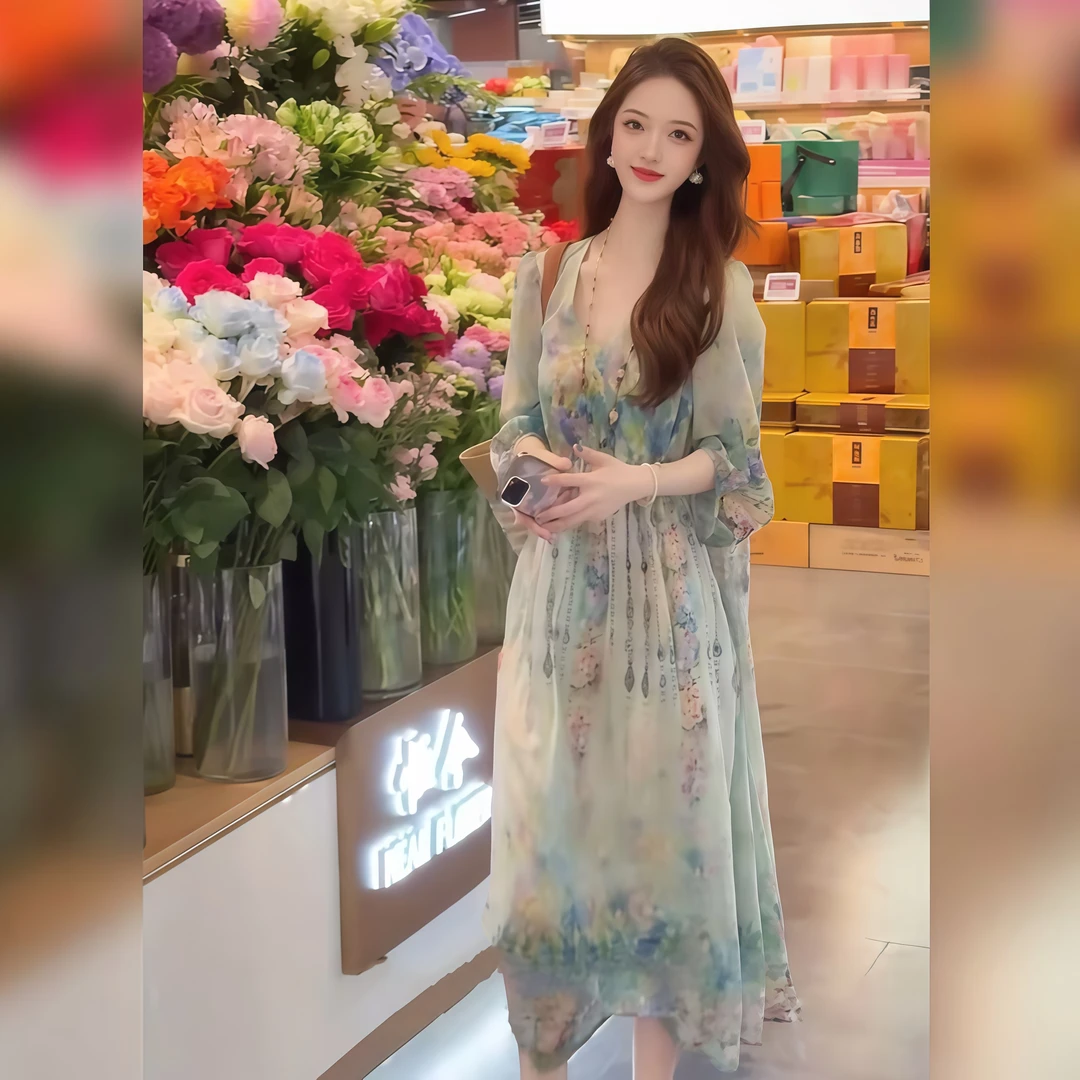 夏季新款气质时尚慵懒法式连衣裙女2025大码宽松显瘦碎花温柔风裙