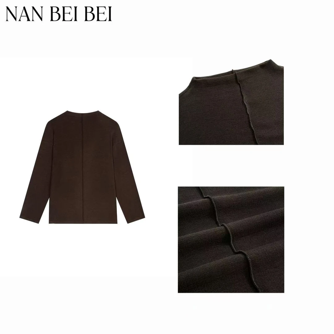 NanBeiBei‘咖色T’春季简约宽松百搭立体分线长袖上衣 771
