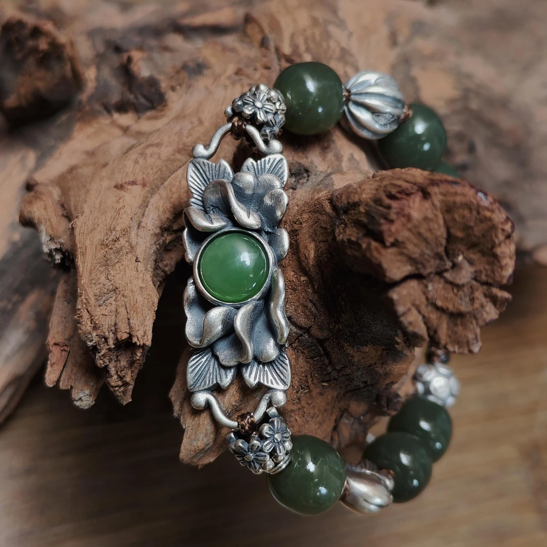 【佰万银庄】S925纯银鲤鱼戏莲镶嵌天然和田玉鼓珠手链大气新中式