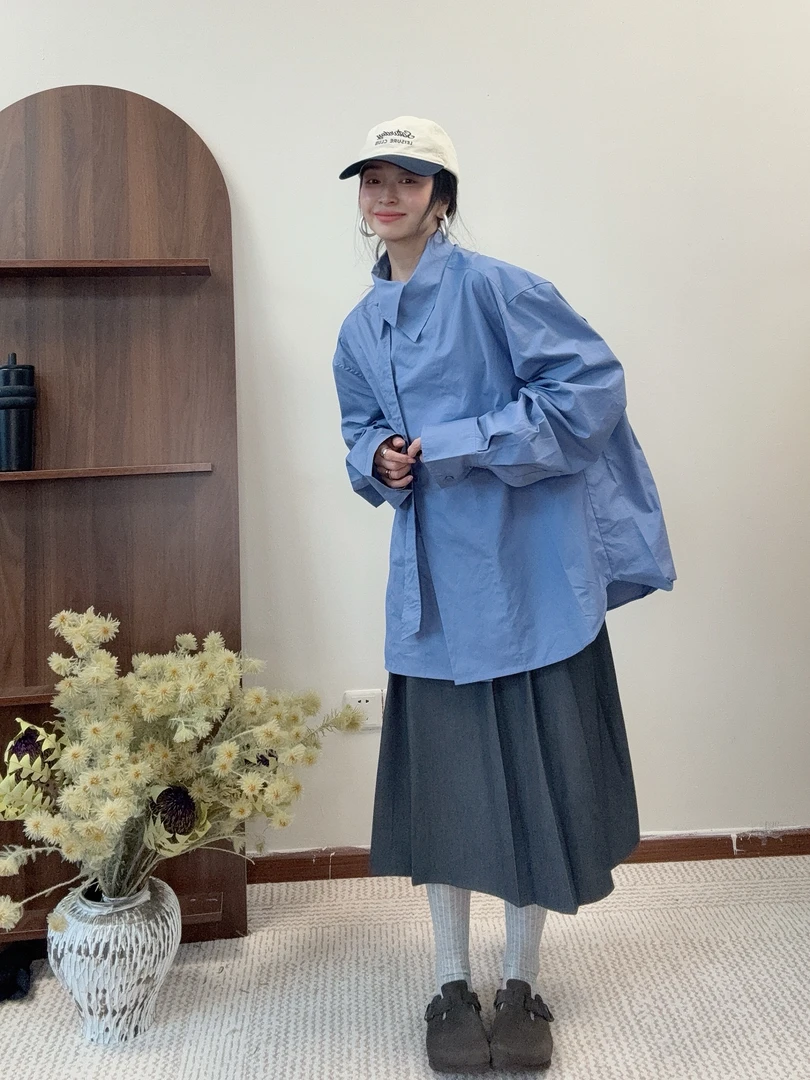 （一路发）韩系小众设计蓝色宽松衬衫欧尼ins同款法式显瘦